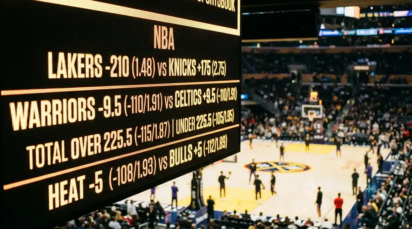 Explicação visual dos três formatos de odds na NBA com exemplos de cálculo de lucro